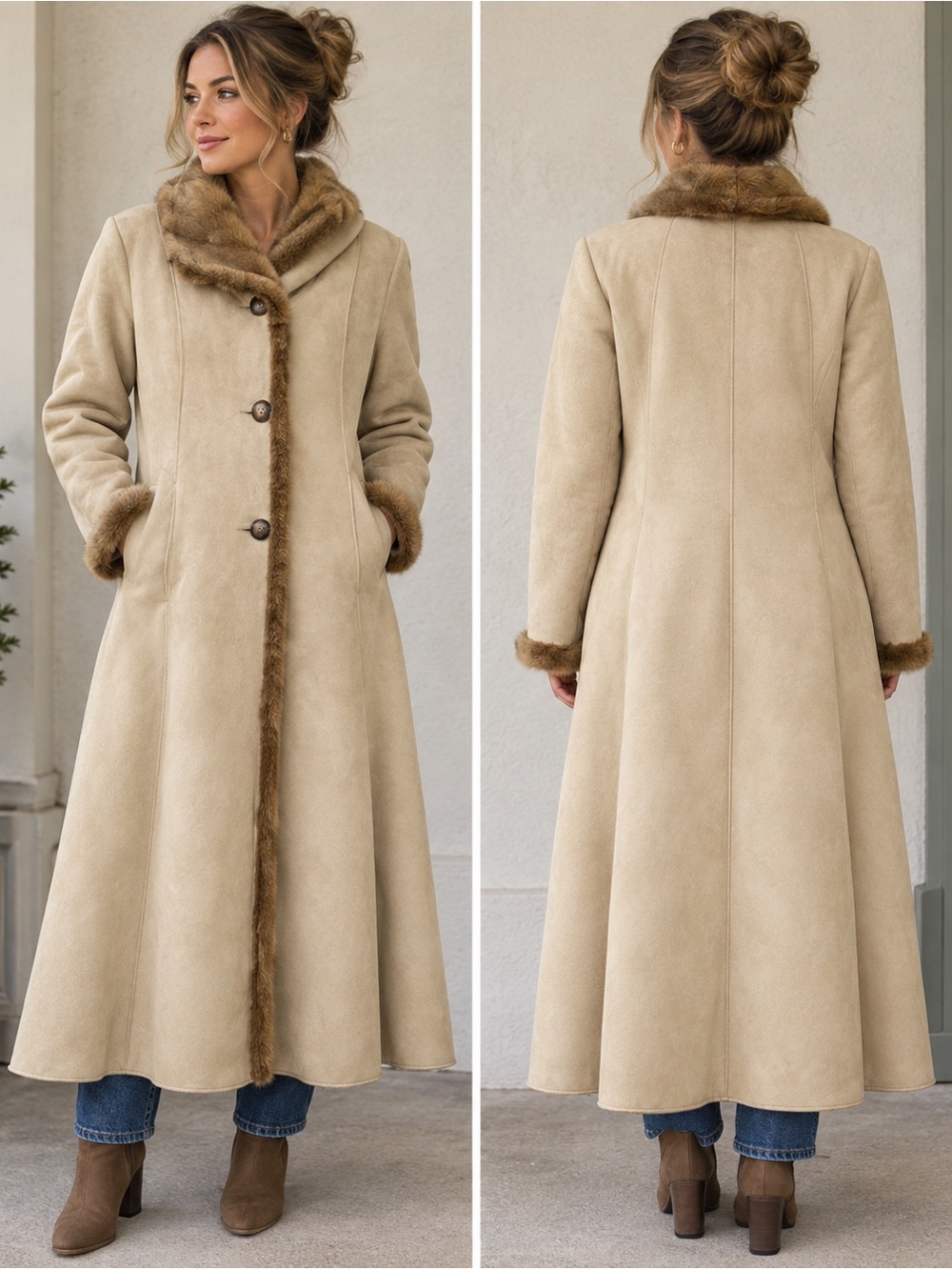 Talbots Vintage Women’s Faux Suede Faux Fur Trim Maxi Coat Long Size L Tan